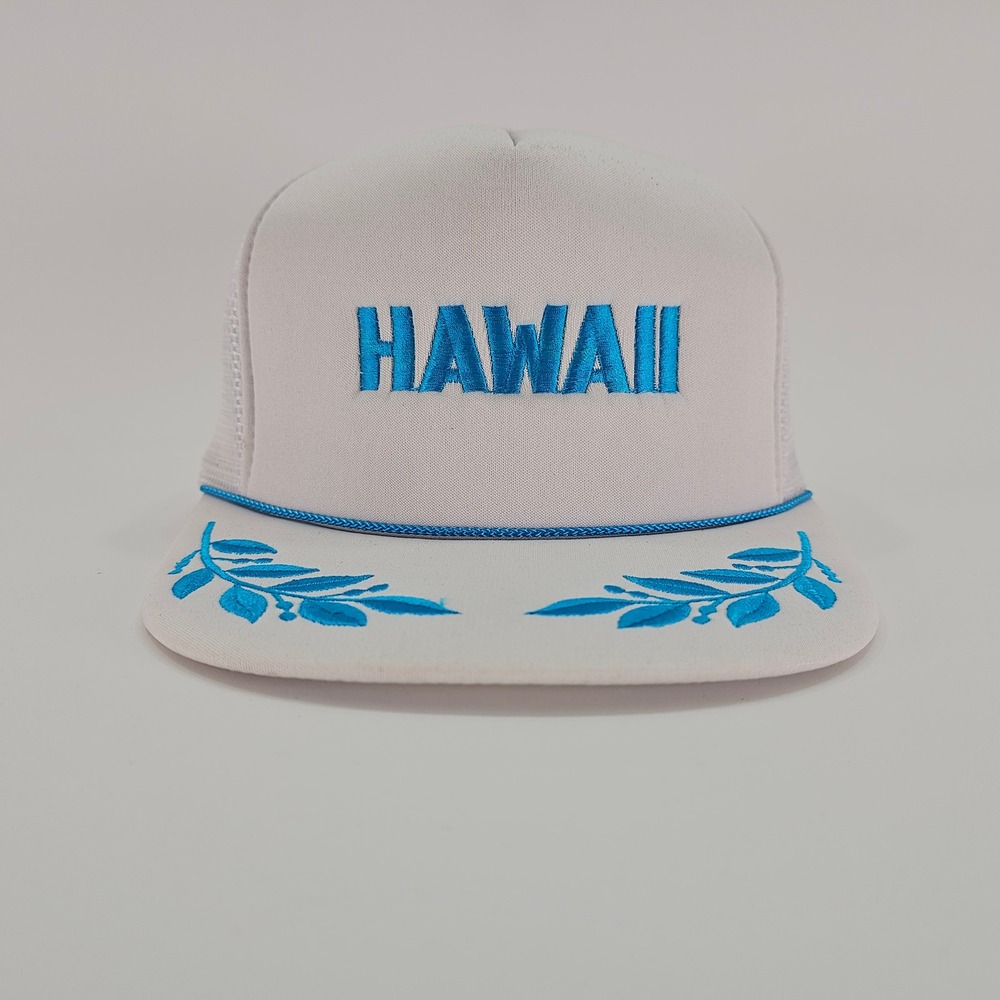 Vintage Hawaiian Headwear Hawaii Trucker Hat‎ White Blue Snapback Mesh Cap Retro